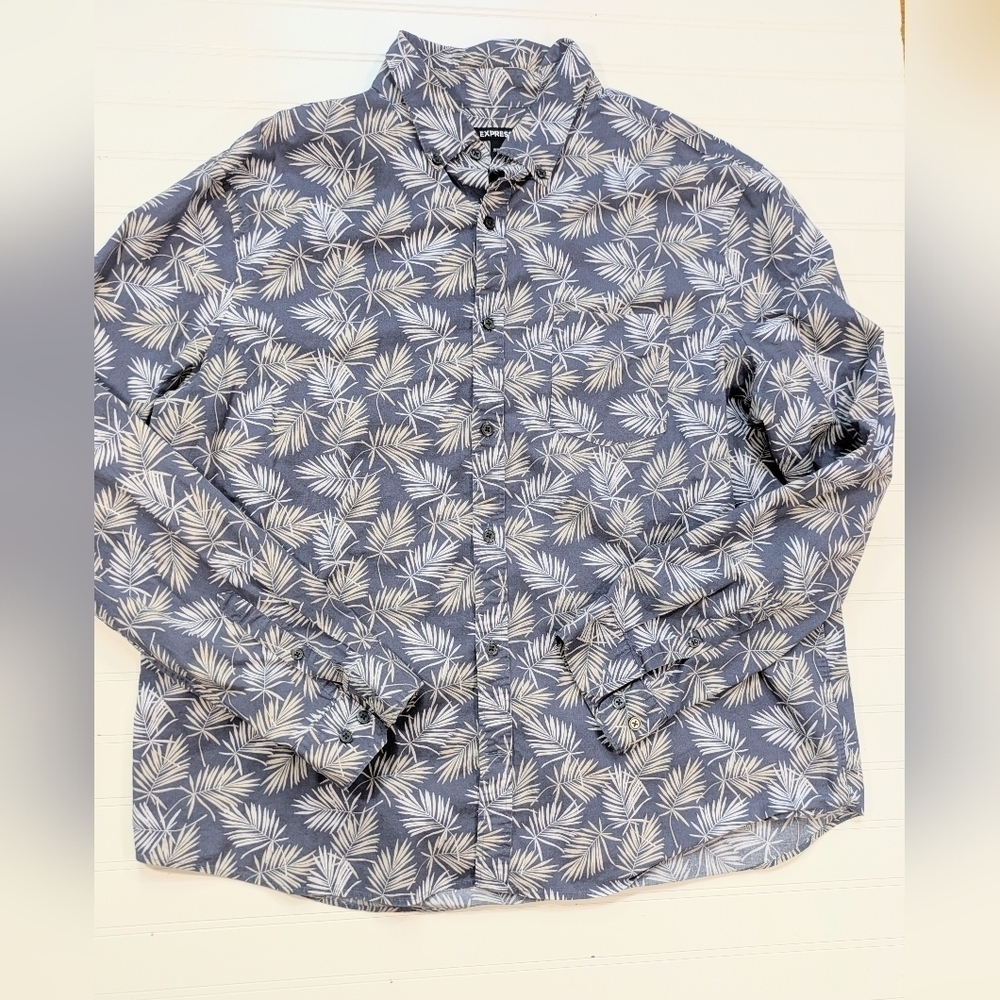 Express Blue Hawaiian Print Cotton Button Down Shirt